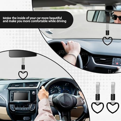 Image of 2PCS Heart Shaped Car Handle Straps, Rear Bumper Warning Keychain Ring for Car Exterior Accessories (Black-Silver)