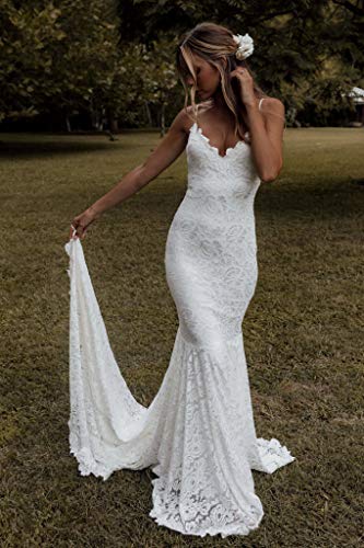 Mermaid Wedding Dresses for Bride Spaghetti Straps Backless Beach Lace Bridal Gowns with Train4