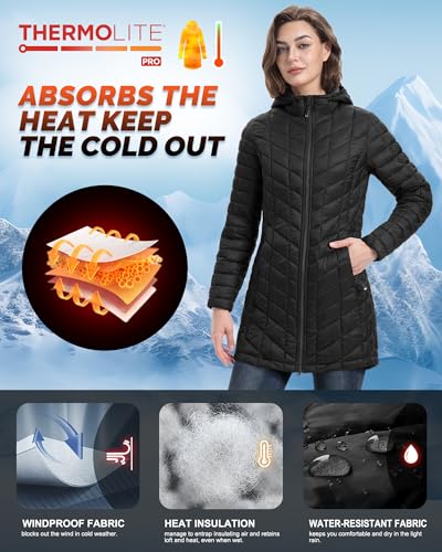 33,000ft Women's Long Puffer Jacket with Hood, Lightweight Warm Puffy Quilted Winter Coats4