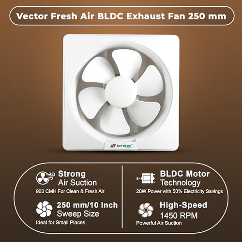 Image of RAYDEAN BLDC Exhaust Fan 250mm (10 inches) for Bathroom, Kitchen | 20W BLDC Motor | Air Delivery 900 CMH | 1450 RPM | Easy to Clean | Quiet Operation | Cut-out Size 290mm | White | 2 Years Warranty