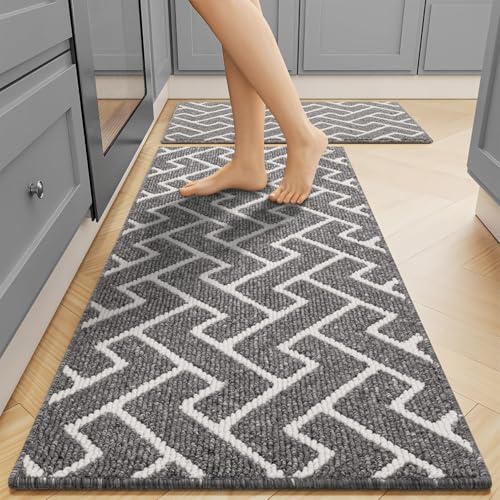 Image of Kitchen Rugs Sets of 2-Colorful Non Slip Kitchen Mats for Floor-Thick,Moroccan Style Kitchen Decor Floor Mat Runner Carpet for Hallways Entryway Laundry Washable(20"x32"+20"x48",Grey)