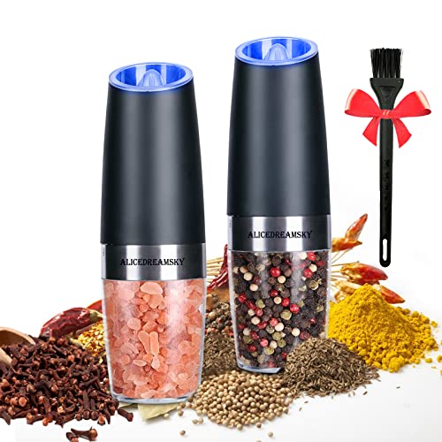 2 Pack Gravity Electric Salt And Pepper Grinder Set Automatic Battery Powered Salt Mill, Adjustable Coarseness, With Blue Led Light, One Hand Operated #TOP30