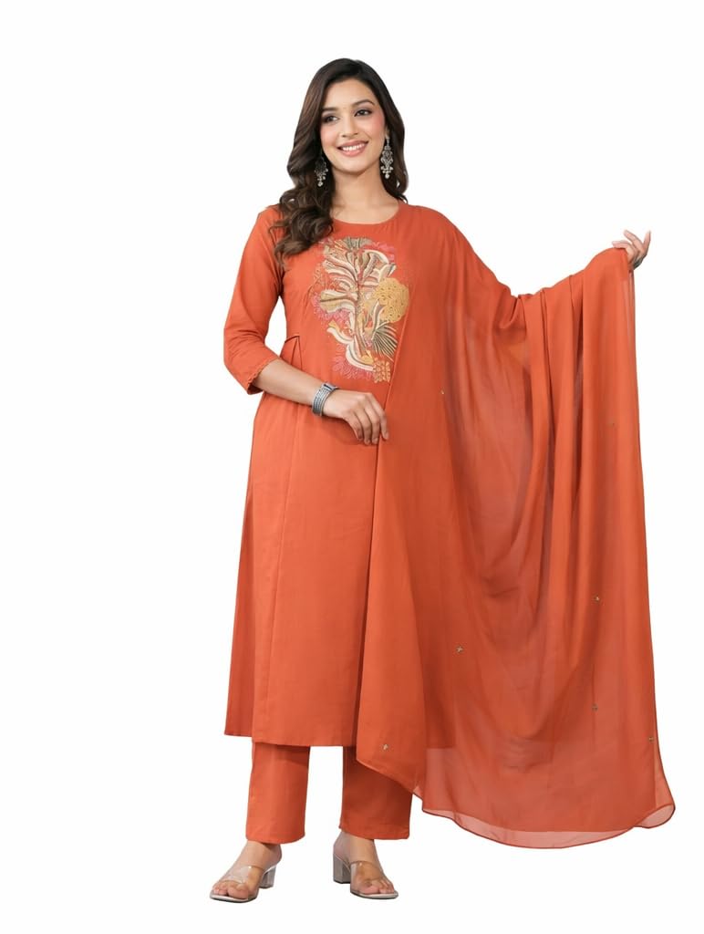 Rust colour floral embroidery kurti with matching dupatta and pents (IN, Alpha, XL, Regular, Orange)