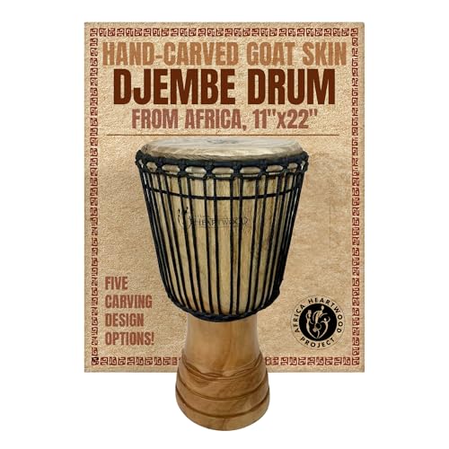 Africa Heartwood Project Hand-Carved Djembe Drum from Africa - 11"x22" Classic Ghana Djembe (Rings Carving) - Solid Wood Shell & Natural Goat Skin - Ready to Play Out of the Box Musical Instrument
