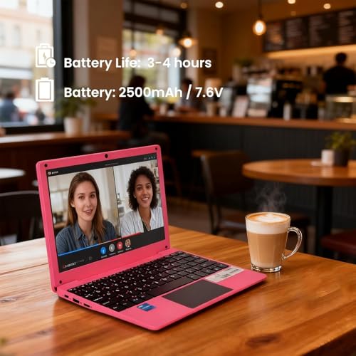 Image of Mini Laptop Computer with Celeron N4000, 8GB RAM, 256GB SSD, HD IPS Screen, Portable Educational Notebook for Learning, Office Work (Pink)