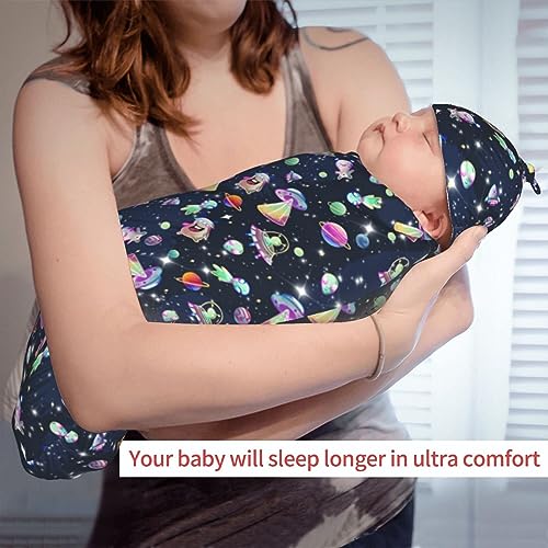 Image of Cartoon Space Newborn Swaddle Blanket with Hat Sets Newborn Receiving Blanket for Boy Girl Swaddle Sack Shower Infant Gift