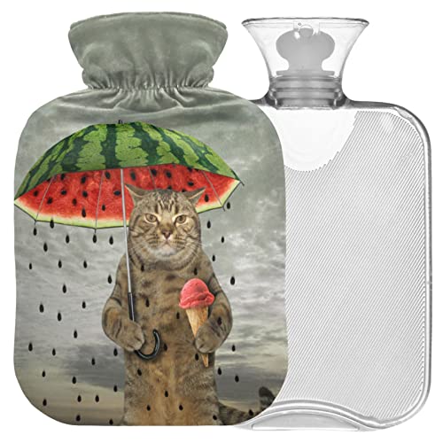 Naanle Hot Water Bottle with Cover Watermelon Funny Cat Transparent Warm Water Bottle Hot Water Bag for Bed Hand Feet Warmer Pain Relief Hot and Cold Therapy Capacity 1L