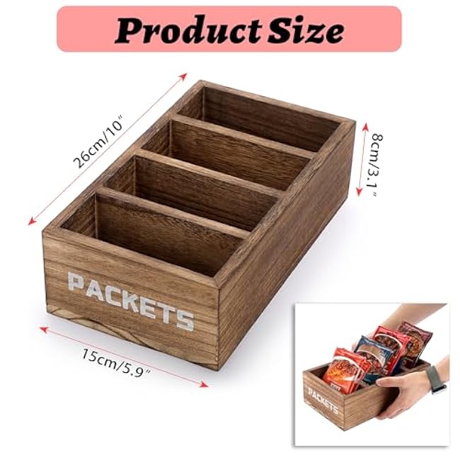 Seasoning Packet Organizer, Food Packet Storage Organizer with 4 Compartments, Wooden Storage Caddy for Kitchen Pantry Cabinet, Farmhouse Kitchen Organization Bin for Snacks Spice Packets