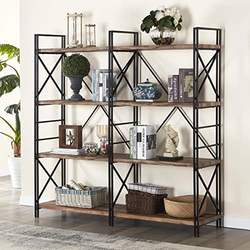 Homissue 4 Shelf Industrial Double Bookcase and Book Shelves, Storage Rack Display Stand, Etagere Bookshelf with Open 8 Shelf, Retro Brown, 64.2-Inch Height