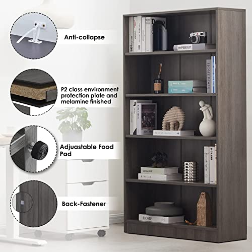 Wood Bookcase 5-Shelf Freestanding Display Wooden Bookshelf For Home Office School (11.6" D*33" W*59.8" H,Grey) #TOP5
