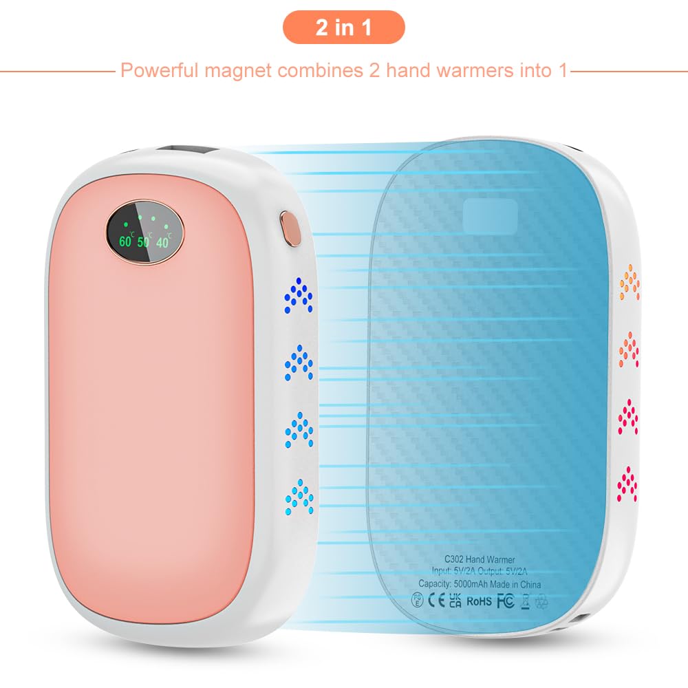 Chauffe-mains électrique Rechargeable - Lot De 2, 3 Températures Réglables (45°C/50°C/55°C), Batterie 5000mAh, Design Magnétique Et Portable - Parfait Pour L'extérieur Et Le Travail