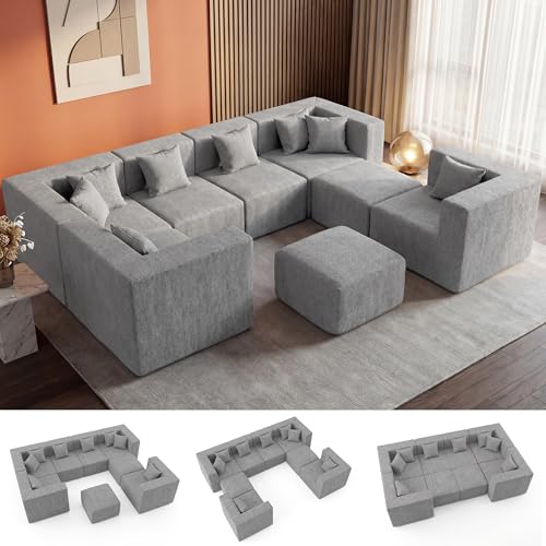 Image of MONVANE Modular Sectional Sofa, Oversized 8 Seat Convertible U Shaped Couch with Ottoman, Comfy Chenille Cloud Couch with Deep Seat, Sectional Couches for Living Room, No Assembly Required, Light Grey