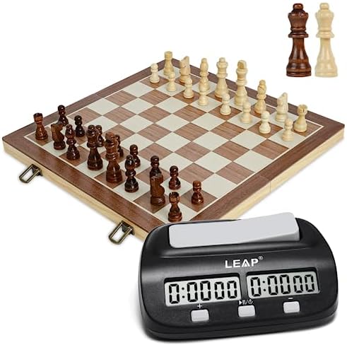 LEAP Classic Chess Clock Chess Timer and Wooden Chess Set 15.5’’ inch Chess Board Set Bundle