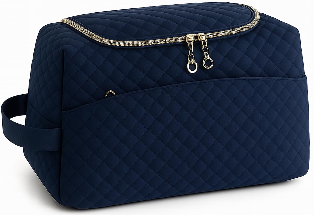 Lyrovo Makeup Pouch Bag for Women & Men – Quilted Travel Toiletry Organizer, Large Capacity Cosmetic Bag & Shaving Kit Pouch with Handle – Waterproof Travel Pouch (Navy Blue)