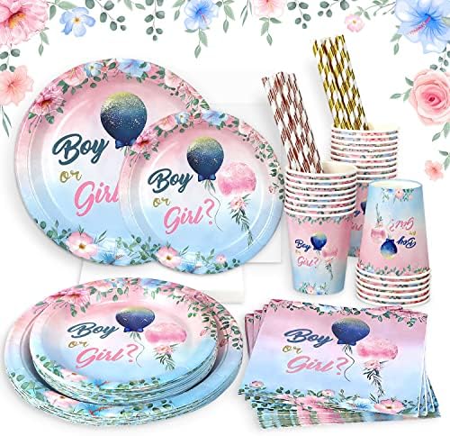 Heboland Gender Reveal Decoration Plates Set for 25 Guests, 125 Pieces of Paper Plates Cups Napkins Straws Floral Balloons Boy or Girl Tableware Set Gender Reveal Party Supplies