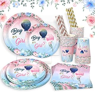 Heboland Gender Reveal Decoration Plates Set for 25 Guests, 125 Pieces of Paper Plates Cups Napkins Straws Floral Balloons Boy or Girl Tableware Set Gender Reveal Party Supplies
