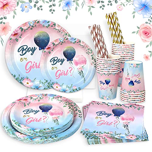 Heboland Lot de 125 assiettes de fête pour 25 invités, assiettes, gobelets, serviettes, pailles, ballons floraux pour garçon ou fille Cover
