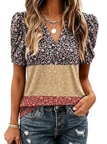 Image of Zeagoo Women Blouses Puff Short Sleeve Tops V Neck Dressy Casual Spring Shirts Boho Floral Cute Clothes 2026