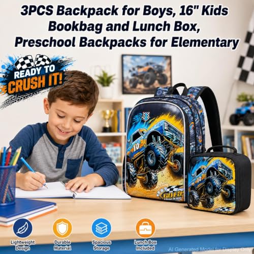 Image of 16 inch Truck Backpack for Boy, 3Pcs Car School Backpacks with Lunch Box, Kids Bookbag for Elementary Preschool Kindergarten(Black)