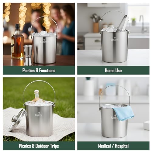 Image of Unify 3 Pieces Stainless Steel Double Wall Ice Bucket Set (1 Litre) with Lid, Ice Tongs & 30 /60 ml Peg Measurer | Insulated Ice Bucket for Home Bar, Parties & Cocktails, Bar Accessories