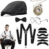 Alintor 20er Jahre Herren Accessoires, Karneval Kostüm Herren Mafia Gatsby Kostüm Zubehör Set, Gangster Panamahut, Vintage Taschenuhr, Herren Fliege, Verstellbar Hosenträger, Ideal Kostüme für Partys