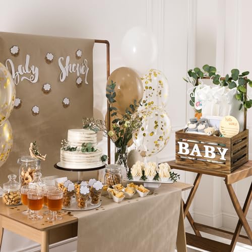 Image of Barydat Wooden Baby Shower Crate Closet Basket with Handle Baby Announcement Sign Garland Hangers Large Letter, Wooden Gift Crate, Letters for Pregnancy New Parent Party(Brown)