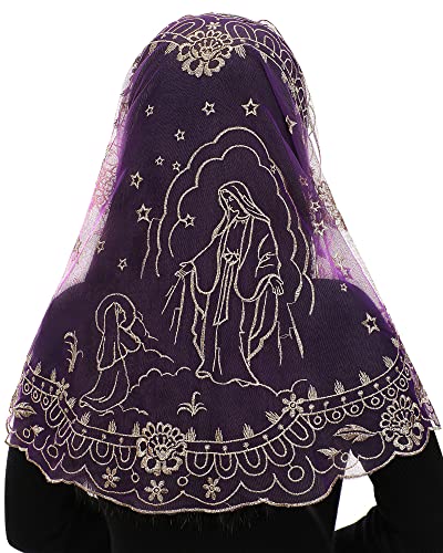 Bozidol Mantilla Católica para Capilla, Velo Religioso para Oración, Velo de Encaje Español, Velos para Ir a la Iglesia (Púrpura-Dorado)