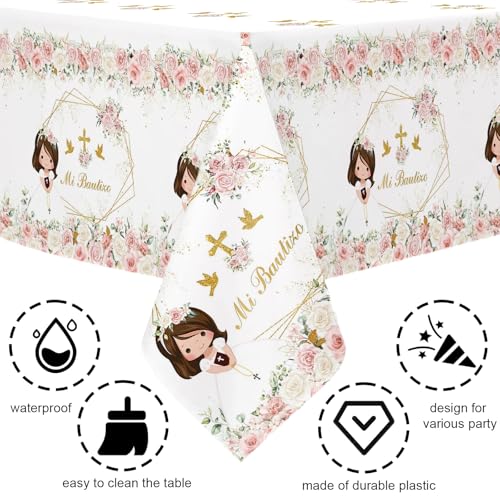 Image of MEHOFOND 3 Pack Mi Bautizo Tablecloths, 108 x 54 Inch Pink Flowers First Holy Communion Tablecloths,Girl Mi Primera Comunion Party Decorations, God Bless Party Table Cover Decor