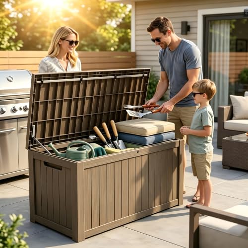 Image of 185 Gallon Deck Box Outdoor Storage, Weatherproof Resin Patio Container for Cushions Garden Tools Pool Accessories, Lockable Lid with Handles, Bench Seat for Yard Patio Garage