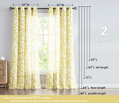 Image of Treatmentex Semi-Sheer Curtains for Living Room Windows 95 inch Long White and Yellow Leaf Print Curtains for Girl's Room, Bedroom Grommet Top Curtain Panels, Mustard Yellow, 1 Pair