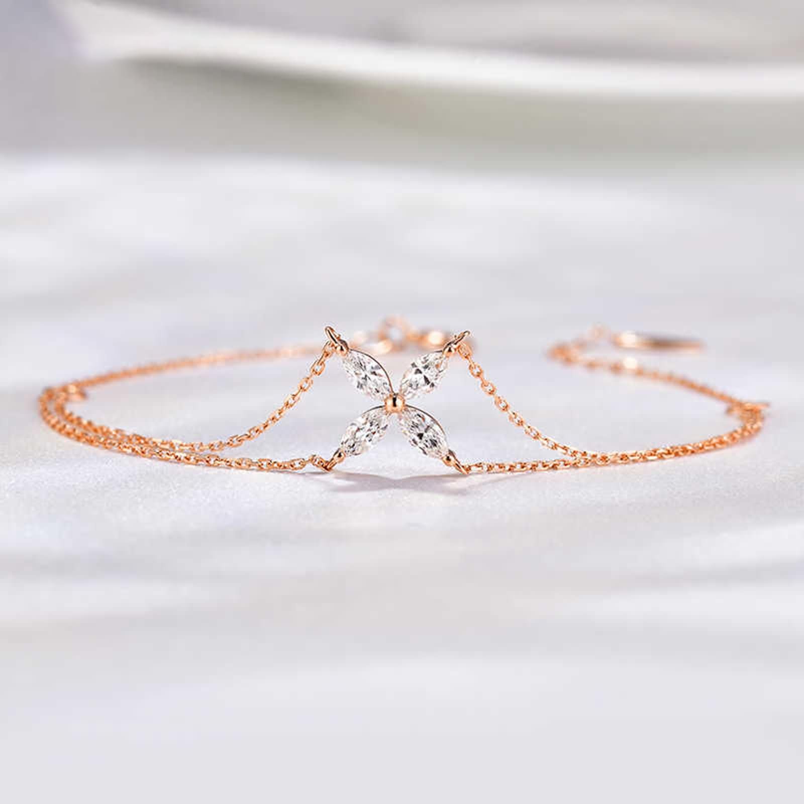 Pulseras Oro Rosa 9K / 14K / 18K Mujer, Cadena Doble Capa con Diamante, Cadena Extensible 16 CM + 5 CM, Pulseras Ajustable Mujer de Oro Rosa