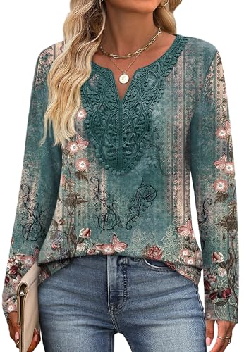 Image of XIEERDUO Boho Tops for Women Blouses Dressy Casual V Neck Long Sleeve Shirts Fall Outfits Trendy Vacation Clothes