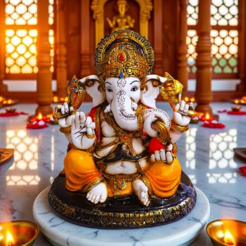 Image of Lord Ganesha Idol for Home Decor | Resin Ganpati Murti for Luck & Success | Ideal Diwali Gift, Pooja Room, Office Desk and House Warming