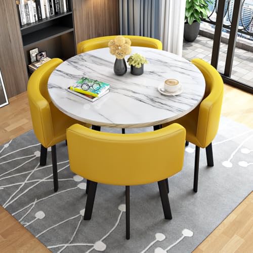 Image of Round Faux Marble Reception Table and Chairs Set, Dining Table Set for 4, Space Saving Reception Desk for Home and Apartment, Office, Conference Room, Lounge