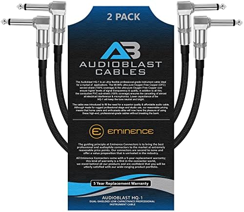 Audioblast - 2 Units - 1.5 Foot -HQ-1 Braid (Black) Flexible -Dual Shielded(100%)-Guitar Instrument Effects Pedal Patch Cable w/Eminence Right-Angled ¼ inch (6.35mm) TS Plugs & Double Staggered Boots