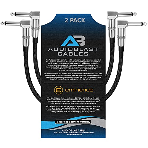 Audioblast - 2 Units - 1.5 Foot -Hq-1 Braid (Black) Flexible -Dual Shielded(100%)-Guitar Instrument Effects Pedal Patch Cable W/Eminence Right-Angled ¼ Inch (6.35Mm) Ts Plugs & Double Staggered Boots #TOP3