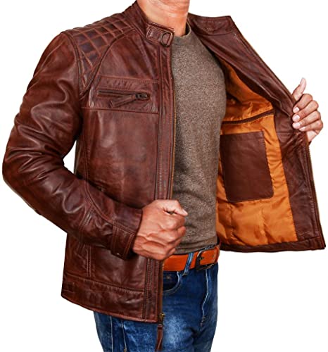 Image of Men Vintage Style Distressed Premium Lambskin Leather Jacket | Black Motorcycle Genuine Cafe Racer Biker Coat