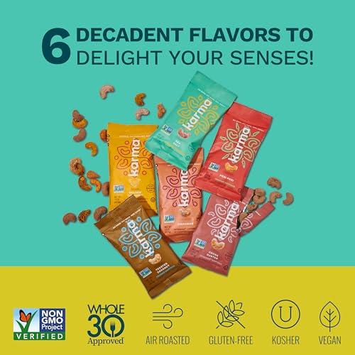 Image of Karma Nuts Flavored Cashews Variety Pack (1.5 oz, Pack of 6) - Whole Roasted Cashews, Healthy Snacks for Adults - Gluten Free Vegan Snacks, Vegan, Non GMO - Flavored Nuts Low Carb