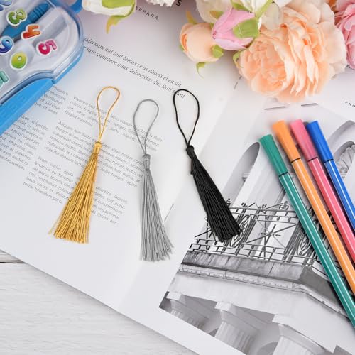 Image of 100 Pcs Bookmark Tassels Bulk Gold Silver Black Soft Craft Silky Handmade Mini Tassels for Jewelry Making with Loops for DIY Craft Accessory Dress Decoration
