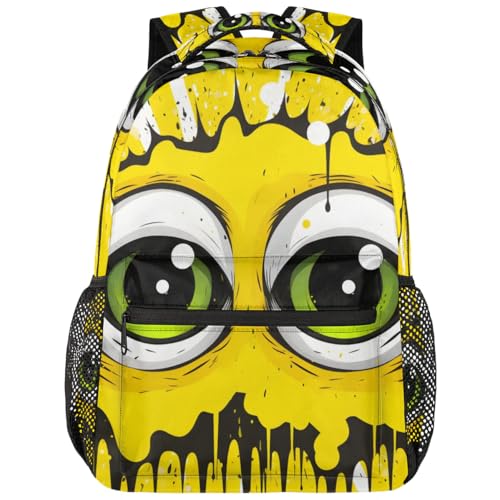 16 In Backpack for Women Men Yellow Strange Eyes Large Travel Daypack Lightweight Casual Bags Back Pack with Pockets Waterproof Rucksack Carry On Bag for Work Business Hiking Sports Travel Gifts