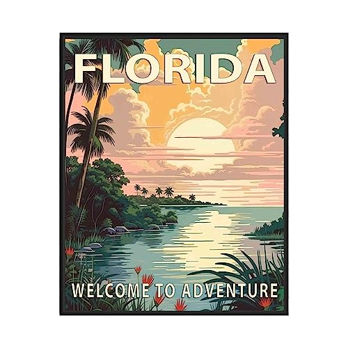 Florida Poster Art Print, Retro States Landscape Wall art Decor, Adventure Mountain and Scenery Painting for Bedroom, Living Room (Florida Scenery, 11x14 inches (Unframed))