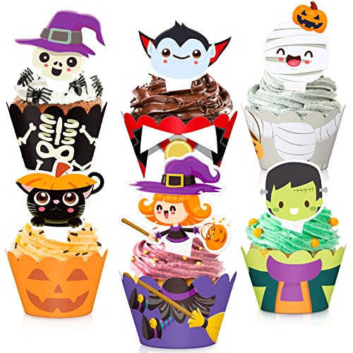 Fumete QA-FUMETE-817 72 Pcs Halloween Cupcake Toppers Party Cake Toppers Wrappers Pumpkin Vampire Witch Cupcake Toppers Halloween Cupcake Liners cover