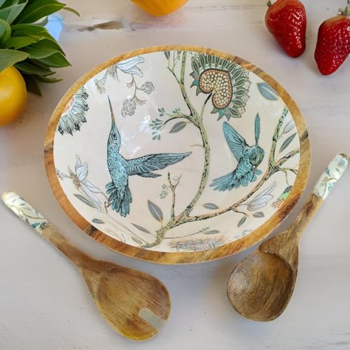 Hartsmede Wooden Salad Bowl 10 with Spoons Handmade Mango Wood Serving Set with Food-Safe Enamel Interior Eco-Friendly Fruit or Salad Dish for Kitchen Dining or Housewarming Gift (Hummingbird)
