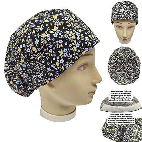Gorros quirofano Mujer FLORES AZULES para Pelo Largo. Absorbente de toalla en la frente, goma con tensor ajustable fácil, seguro y no aprieta
