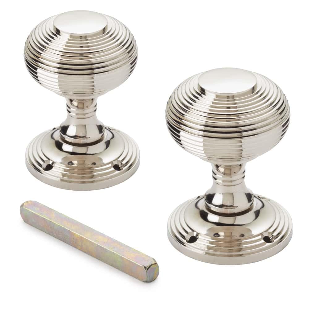 AB Hardware Polished Nickel Beehive Mortice Door Knobs Pair – 55mm Solid Brass Reeded Door Knobs with Backplates