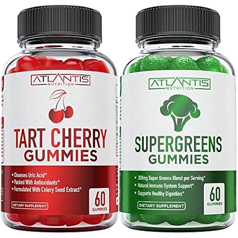 Atlantis Nutrition 60 Tart Cherry Gummies + 60 Supergreens Gummies. Cover