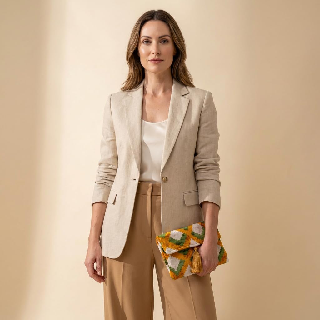 Pochette Ikat in velluto di seta fatta a mano, stile busta, design bohémien, motivo etnico, opzione cinturino a catena, pochette per feste serali, borsa premium, bianco sporco, verde, oro