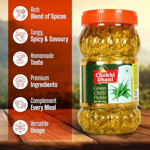 Image of Chokhi Dhani Green Chilli Pickle 1kg | Hari Mirch Achar | Mustard Oil Indian Pickle | Spicy & Tangy | No Artificial Colours or Flavours | Homemade Style