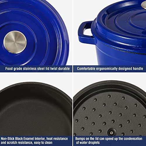 Enameled Cast Iron Dutch Oven Pre-Seasoned Pot With Lid & Handles, 4 Quart Enamel Coated Cookware Pot With Silicone Handles And Mat For Cooking, Basting, Or Baking, Blue #TOP2