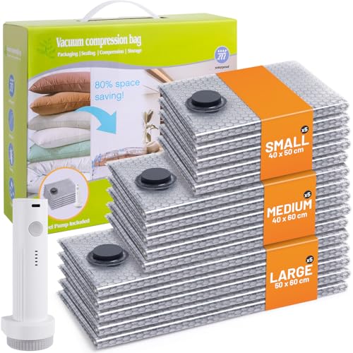 Coopache 15 Stück Vakuumbeutel für Kleidung mit Elektrischer Pumpe - 40x50 40x60 50x60cm Platzsparend Vakuumierbeutel Kleidung für Reise, Bettwäsche, Umzug, Kleideraufbewahrung